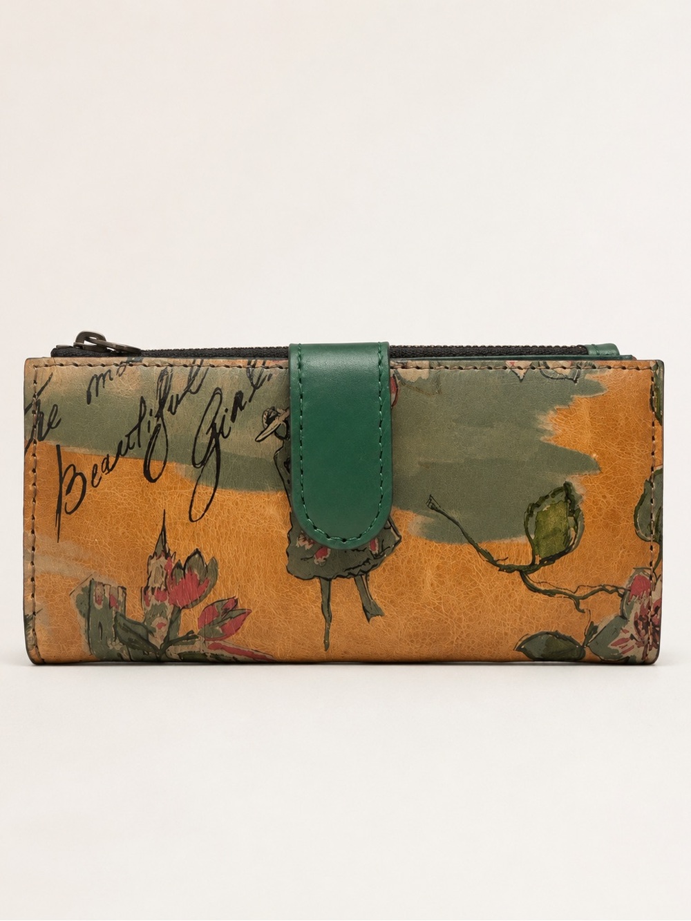 PATRICIA NASH Nazari Beautiful Girl Leather Bi-Fold Continental Green Tan Wallet